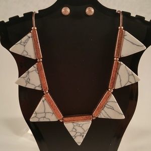 Necklace earring set copper white triangle stone